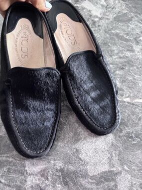 Tods Loafer Women’s Mules Black Calf? Hair Vibram Driving Slip On 7.5